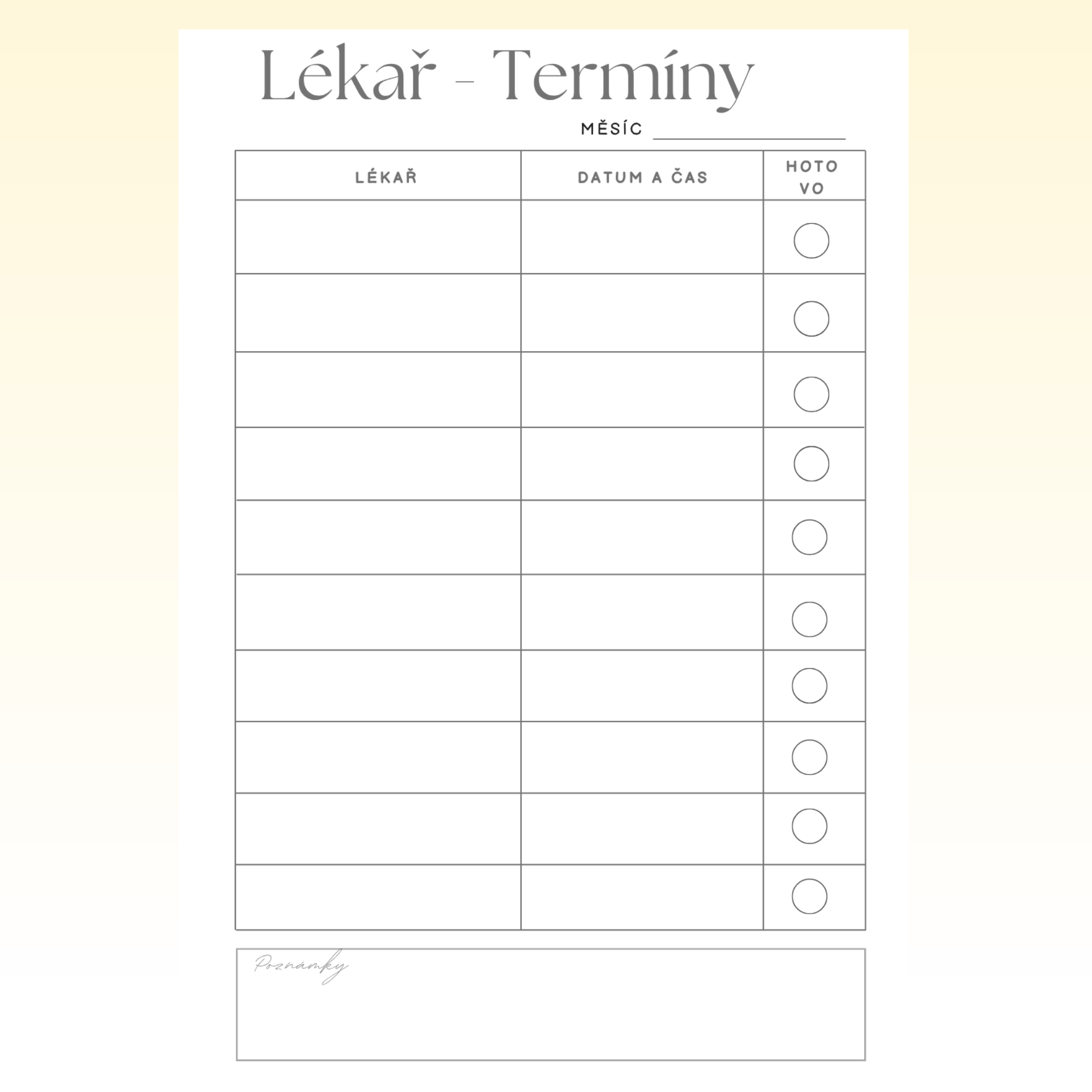 Lékař – Termíny | Doplňkový list do diáře